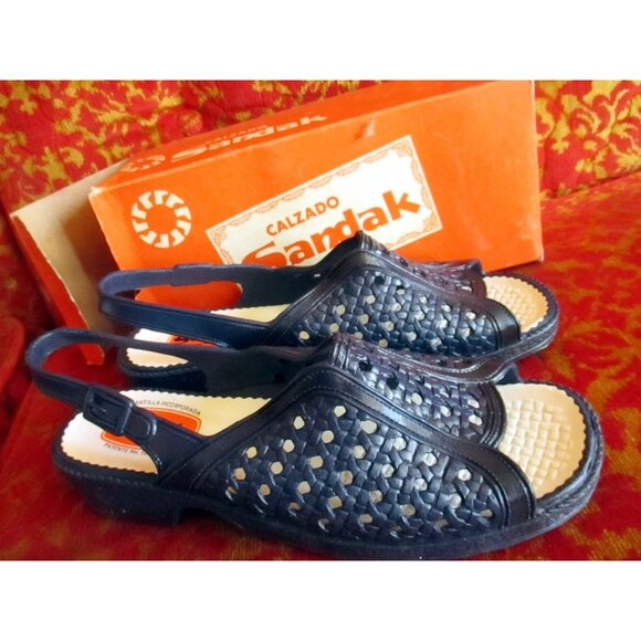 Sz 9 NEW NIB True Vtg 70s Womens BLUE RUBBER Strappy MEXICAN SANDALS SANDAK 25cm - Picture 1 of 8